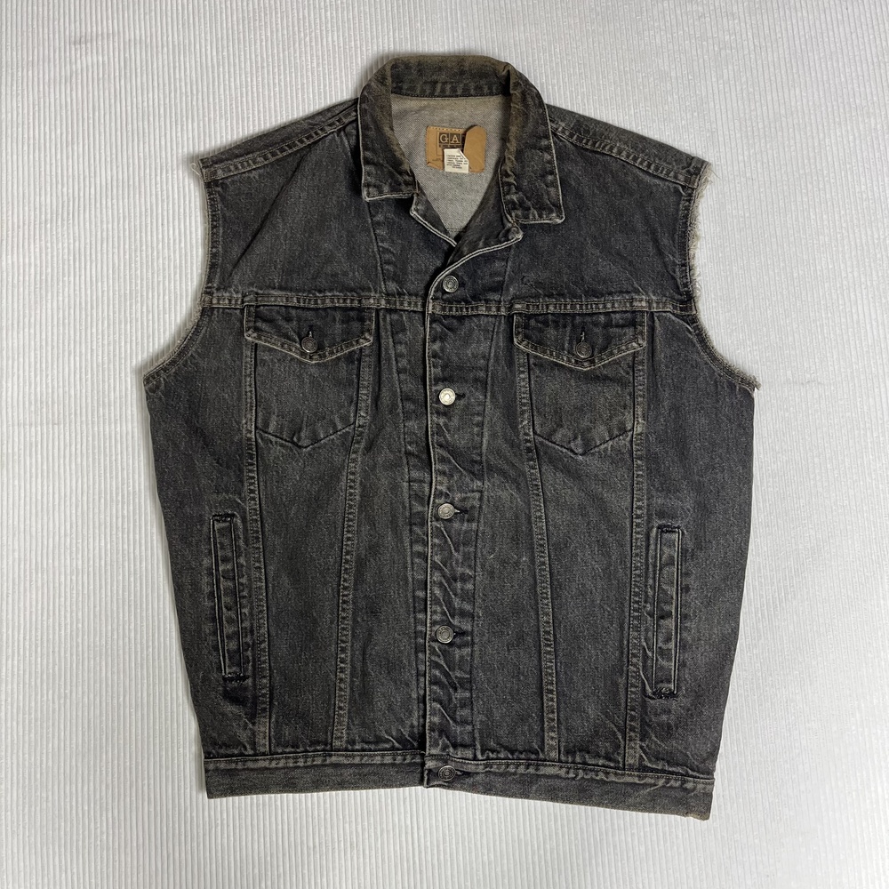 Vintage Gap Denim Vest Mens Small Gray Black Biker Cutoff Made USA Workwear